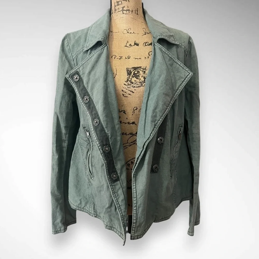 FREE PEOPLE Women's Blueish Green Linen Blend Moto Jacket Medium | EUC - Picture 3 of 8